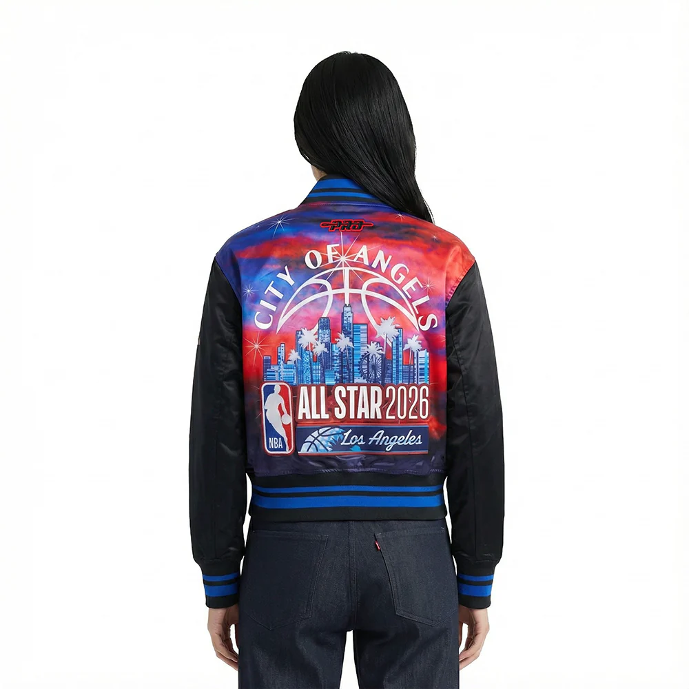 NBA ALL STAR 2026 WOMEN'S SUBLIMATED CROPPED SATIN JACKET (BLACK/ROYAL BLUE/BLACK) - Image 2