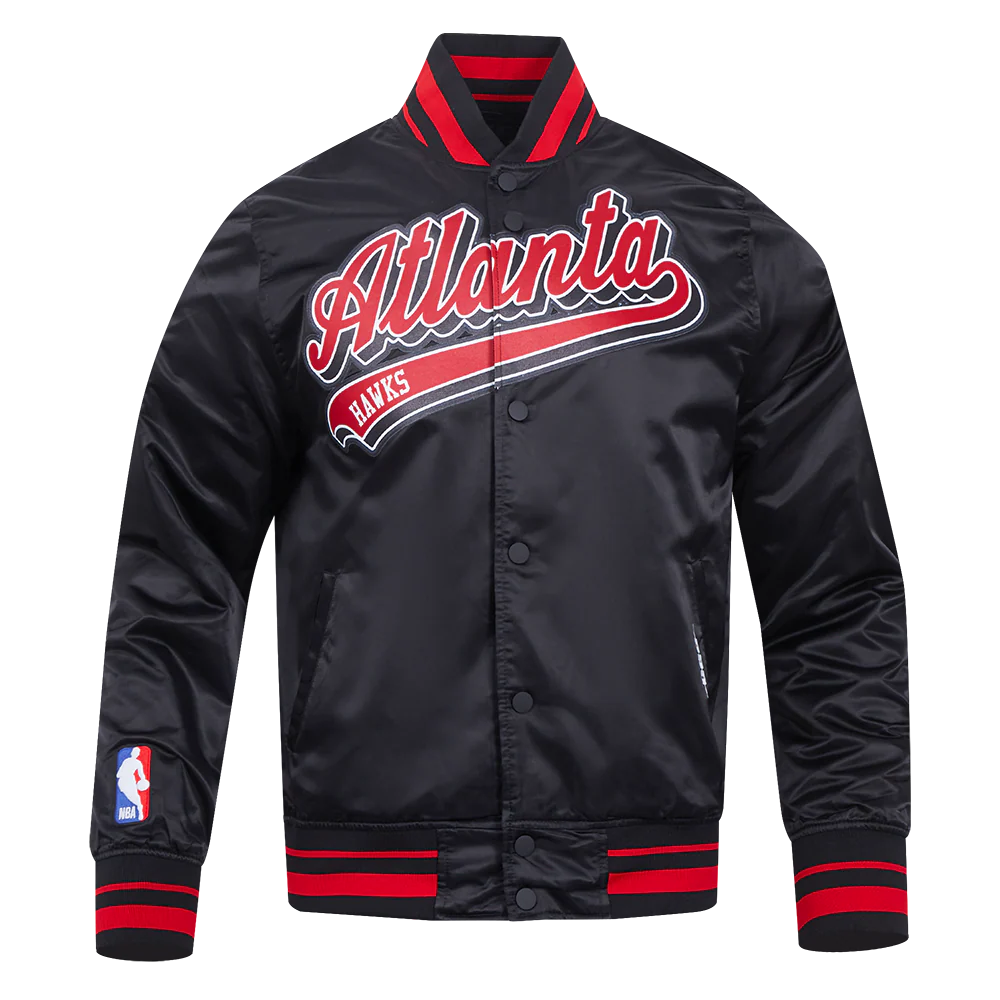 NBA ATLANTA HAWKS SCRIPT TAIL MEN'S SATIN JACKET (BLACK/RED/BLACK)