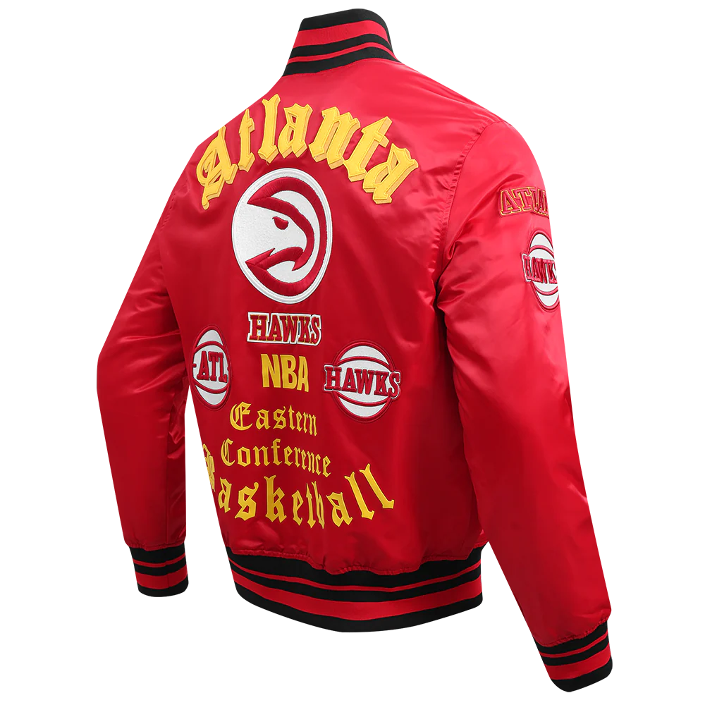 NBA ATLANTA HAWKS OLD ENGLISH MEN'S RIB SATIN JACKET (RED/BLACK) - Image 3
