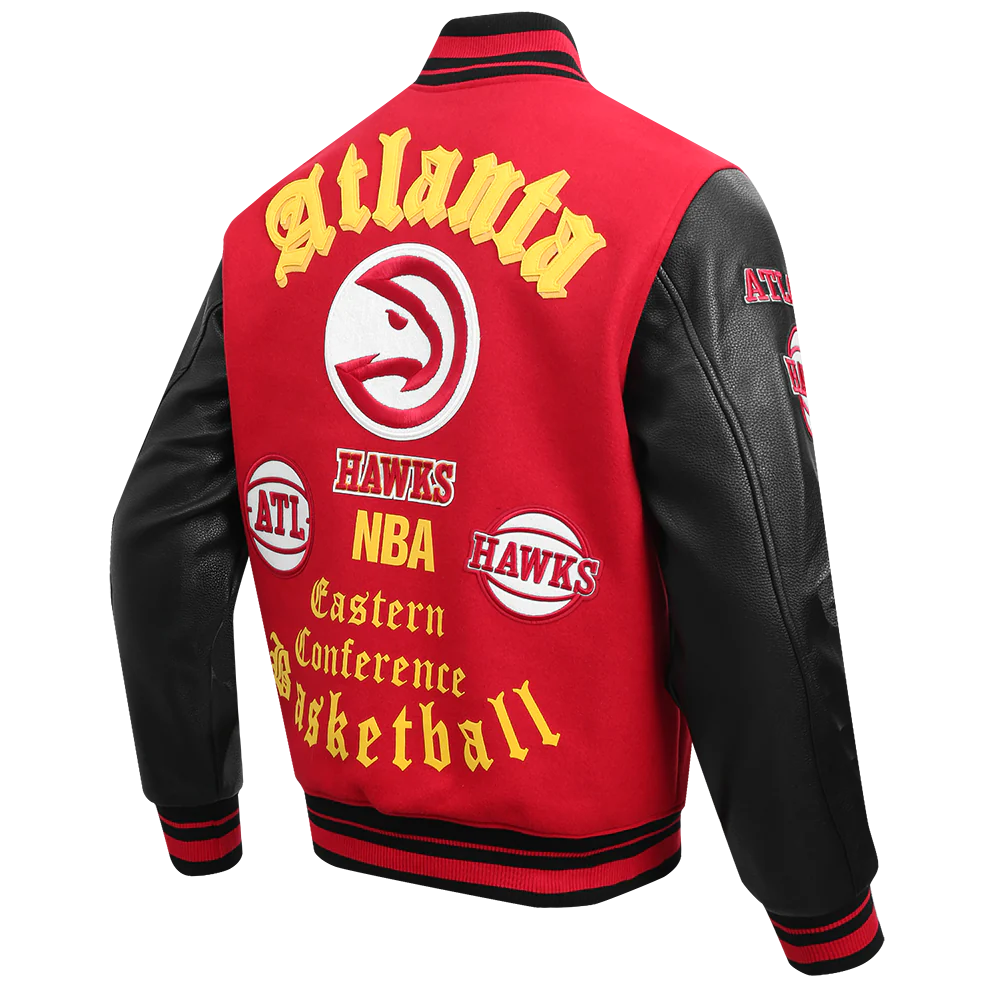 NBA ATLANTA HAWKS OLD ENGLISH MEN'S RIB WOOL VARSITY JACKET (RED/BLACK) - Image 3