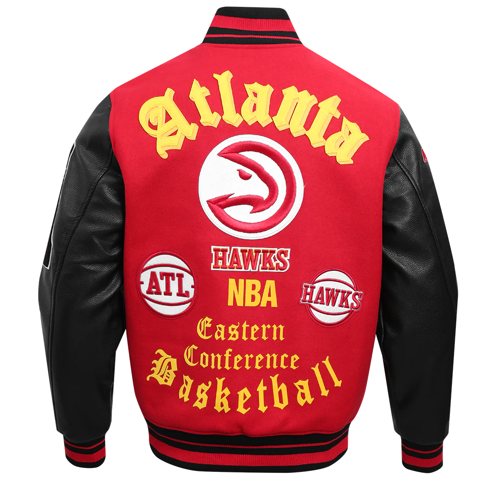 NBA ATLANTA HAWKS OLD ENGLISH MEN'S RIB WOOL VARSITY JACKET (RED/BLACK) - Image 4