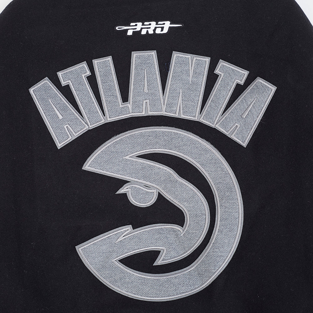 NBA ATLANTA HAWKS REVERSE FRENCH TERRY MEN'S COLOR BLOCK WOOL VARSITY JACKET (BLACK/GRAY/EGGSHELL) - Image 8