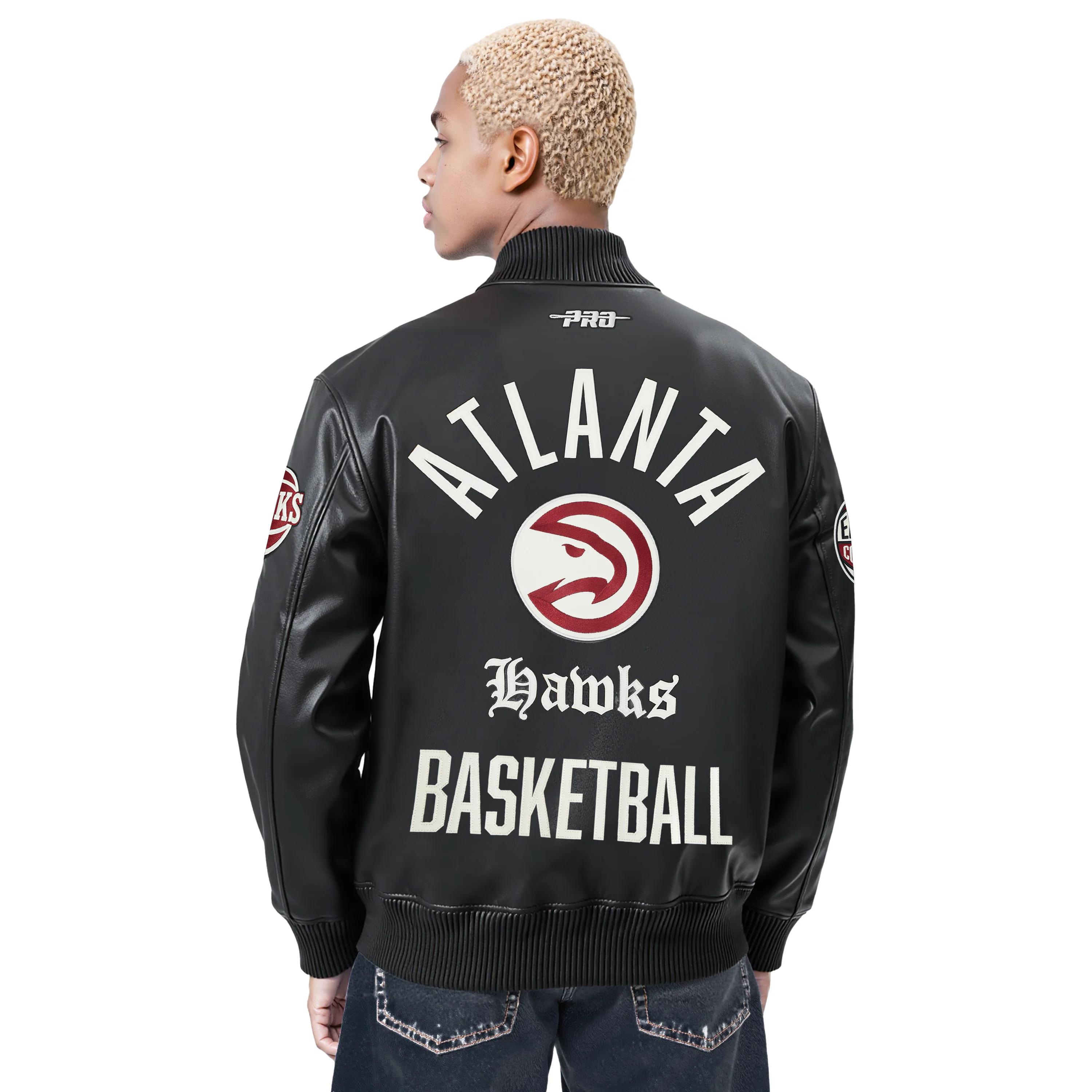 NBA ATLANTA HAWKS MODERN ORIGINALS MEN'S LEATHER VARSITY JACKET (JET BLACK) - Image 2