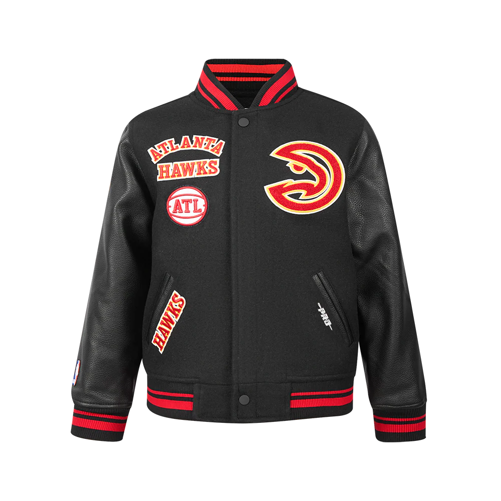 NBA ATLANTA HAWKS RETRO CLASSIC BIG BOYS RIB WOOL VARSITY JACKET (BLACK/RED/BLACK) - Image 3