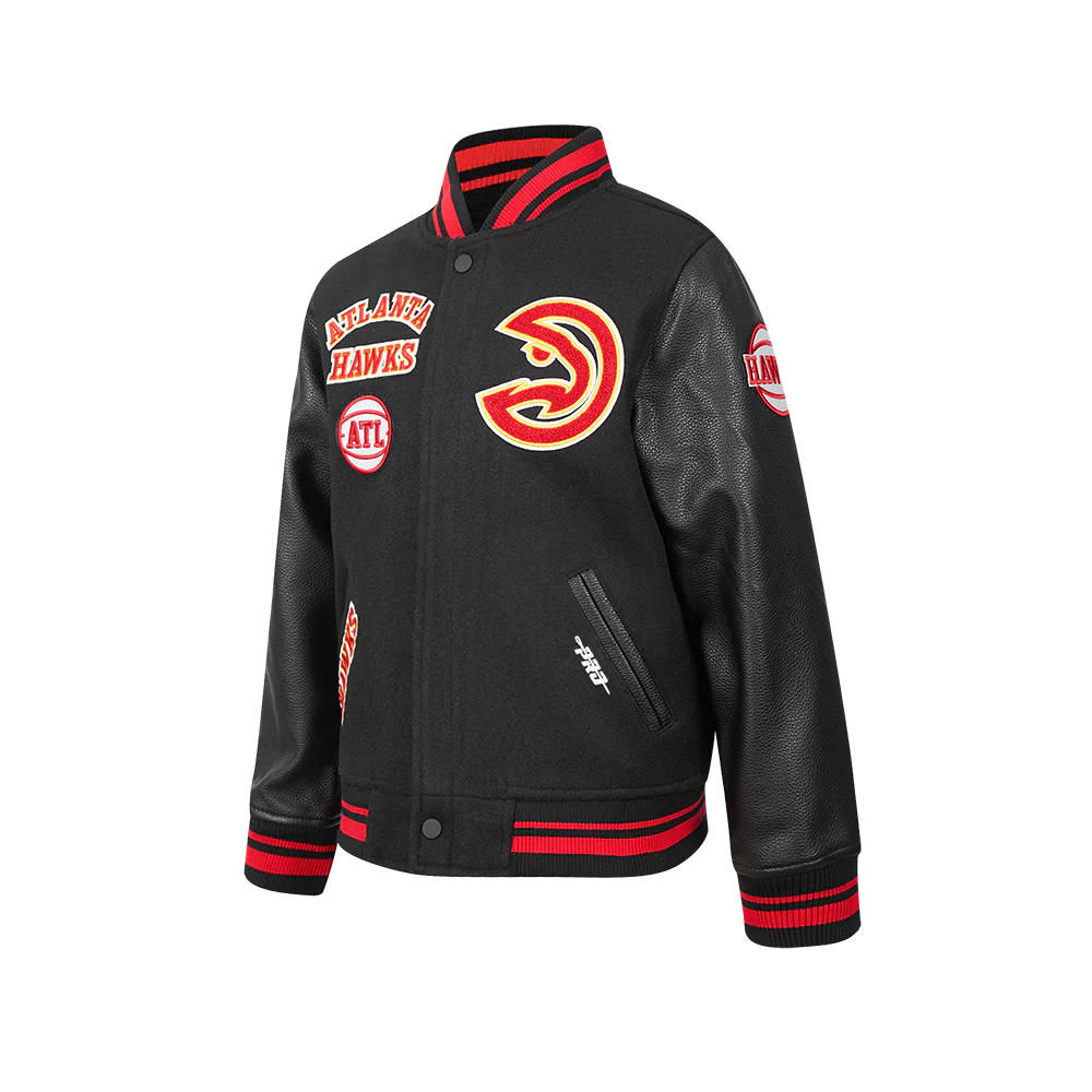 NBA ATLANTA HAWKS RETRO CLASSIC BIG BOYS RIB WOOL VARSITY JACKET (BLACK/RED/BLACK) - Image 4