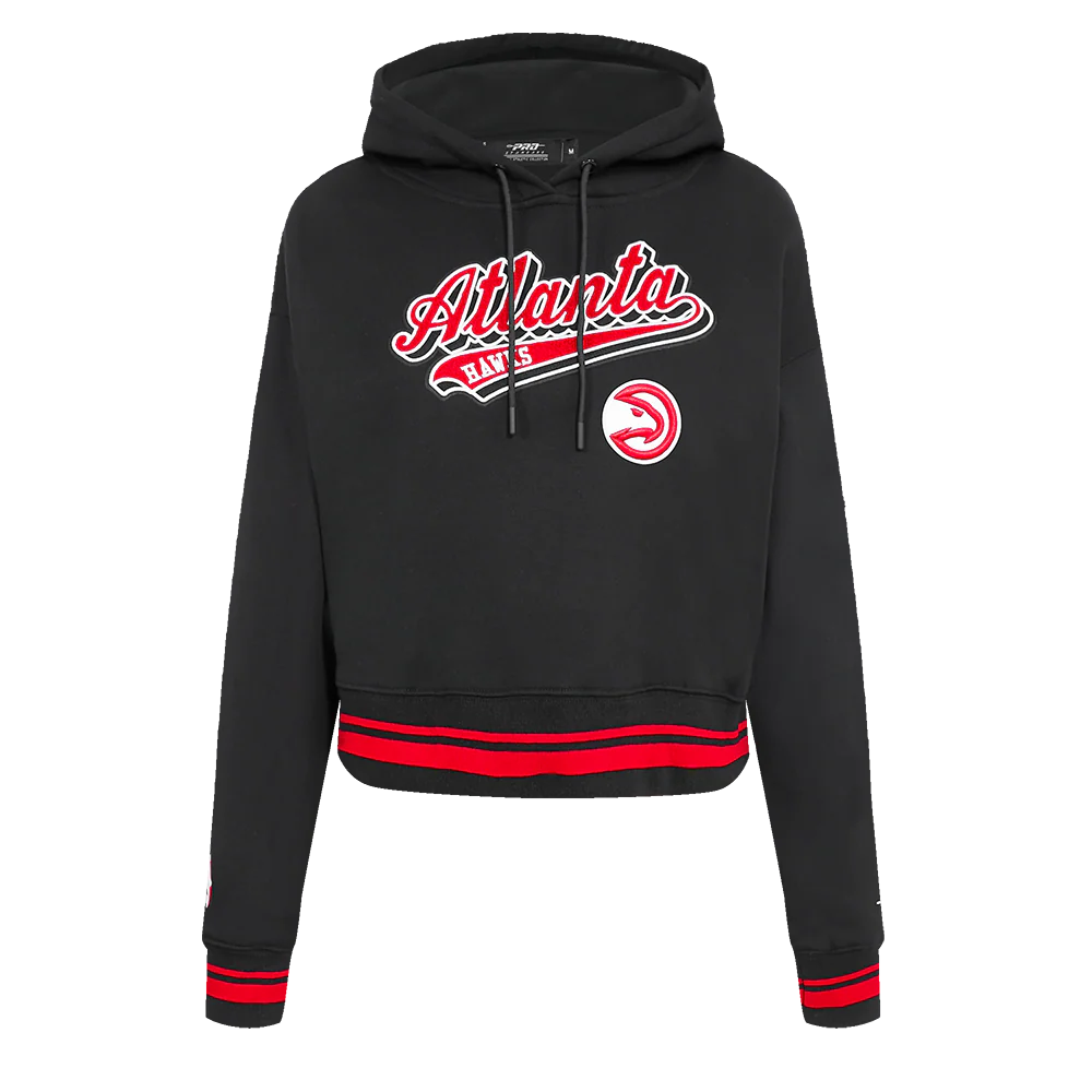 NBA ATLANTA HAWKS SCRIPT TAIL WOMEN'S RIB FLEECE CROPPED PULLOVER HOODIE (BLACK/RED/BLACK)