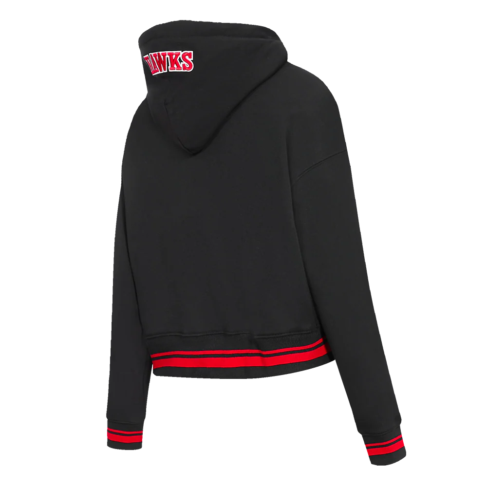 NBA ATLANTA HAWKS SCRIPT TAIL WOMEN'S RIB FLEECE CROPPED PULLOVER HOODIE (BLACK/RED/BLACK) - Image 3