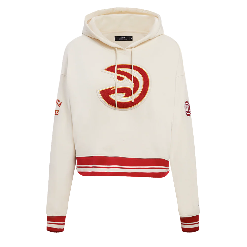 NBA ATLANTA HAWKS RETRO CLASSIC WOMEN'S RIB CROPPED PULLOVER HOODIE (EGGSHELL/RED)
