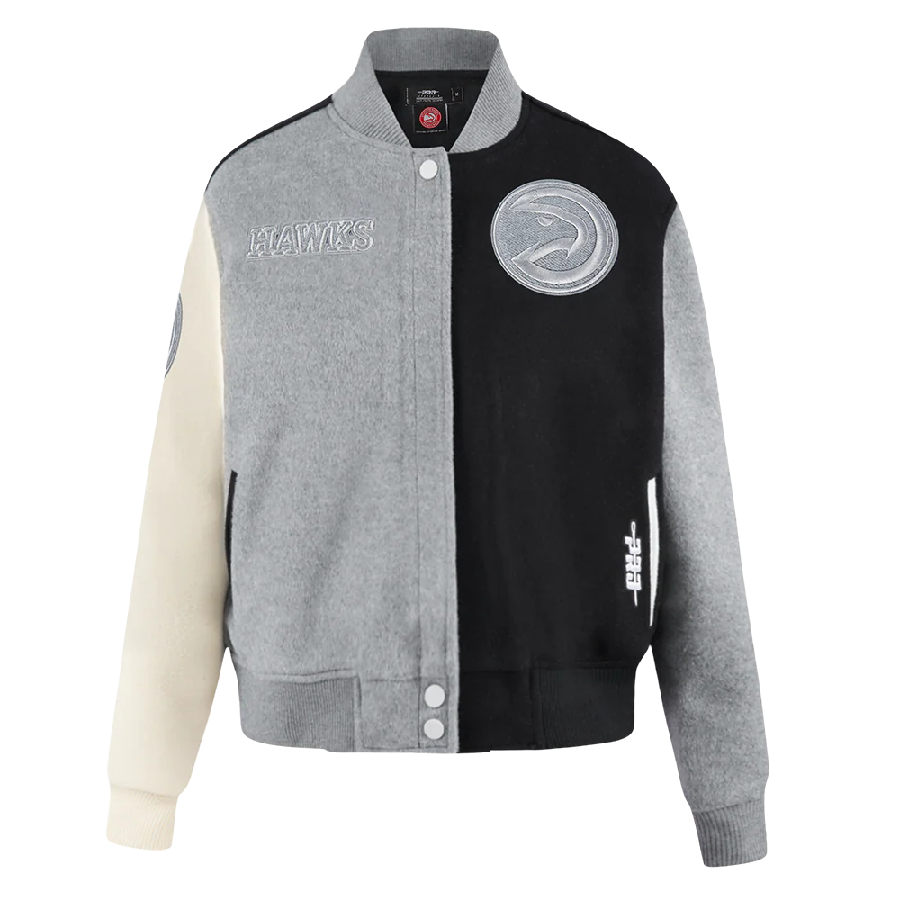 NBA ATLANTA HAWKS REVERSE FRENCH TERRY WOMEN'S WOOL VARSITY JACKET (BLACK/GRAY/EGGSHELL)