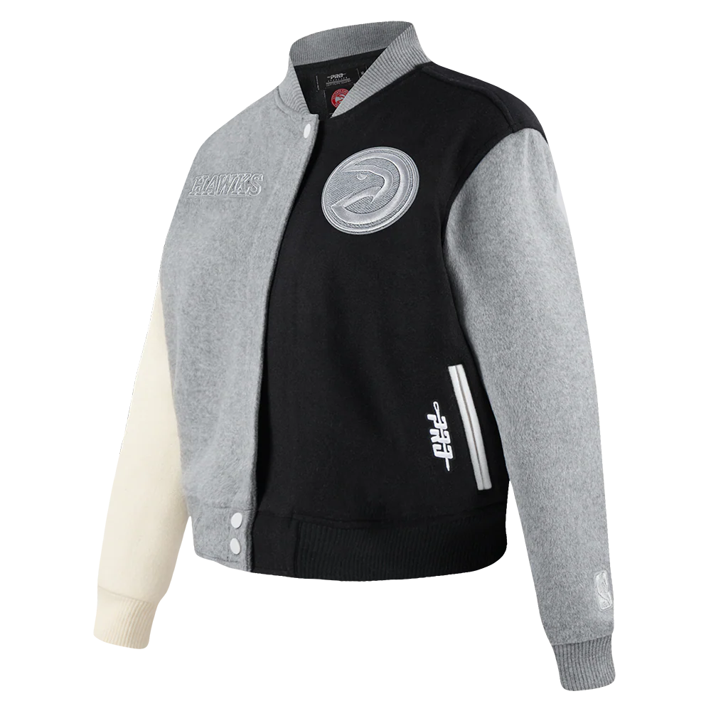 NBA ATLANTA HAWKS REVERSE FRENCH TERRY WOMEN'S WOOL VARSITY JACKET (BLACK/GRAY/EGGSHELL) - Image 2