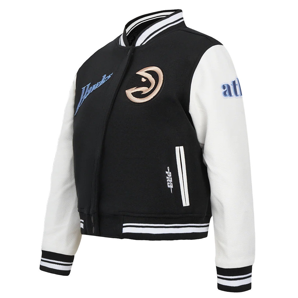 NBA ATLANTA HAWKS CITY EDITION 24-25 WOMEN'S RIB WOOL VARSITY JACKET (BLACK/WHITE) - Image 2