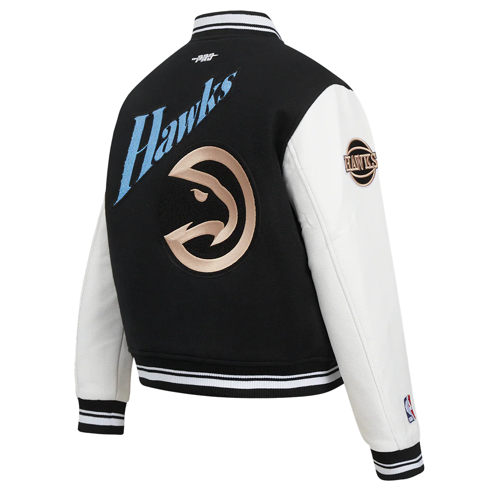 NBA ATLANTA HAWKS CITY EDITION 24-25 WOMEN'S RIB WOOL VARSITY JACKET (BLACK/WHITE) - Image 4