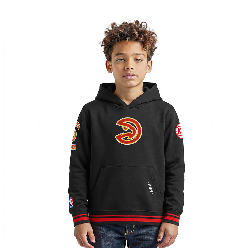 NBA ATLANTA HAWKS RETRO CLASSIC LITTLE BOYS RIB FLEECE PULLOVER HOODIE (BLACK/RED/BLACK)