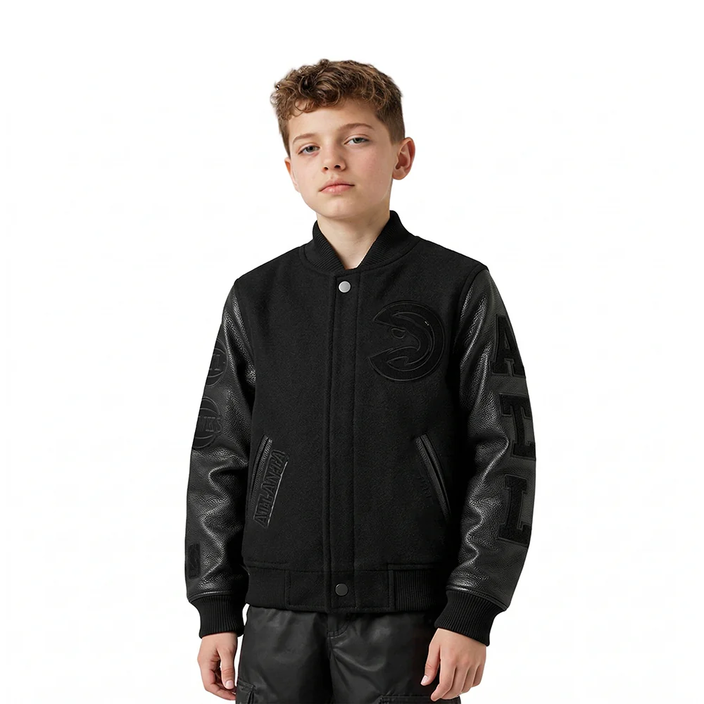 NBA ATLANTA HAWKS TRIPLE BLACK LITTLE BOYS WOOL VARSITY JACKET (JET BLACK)
