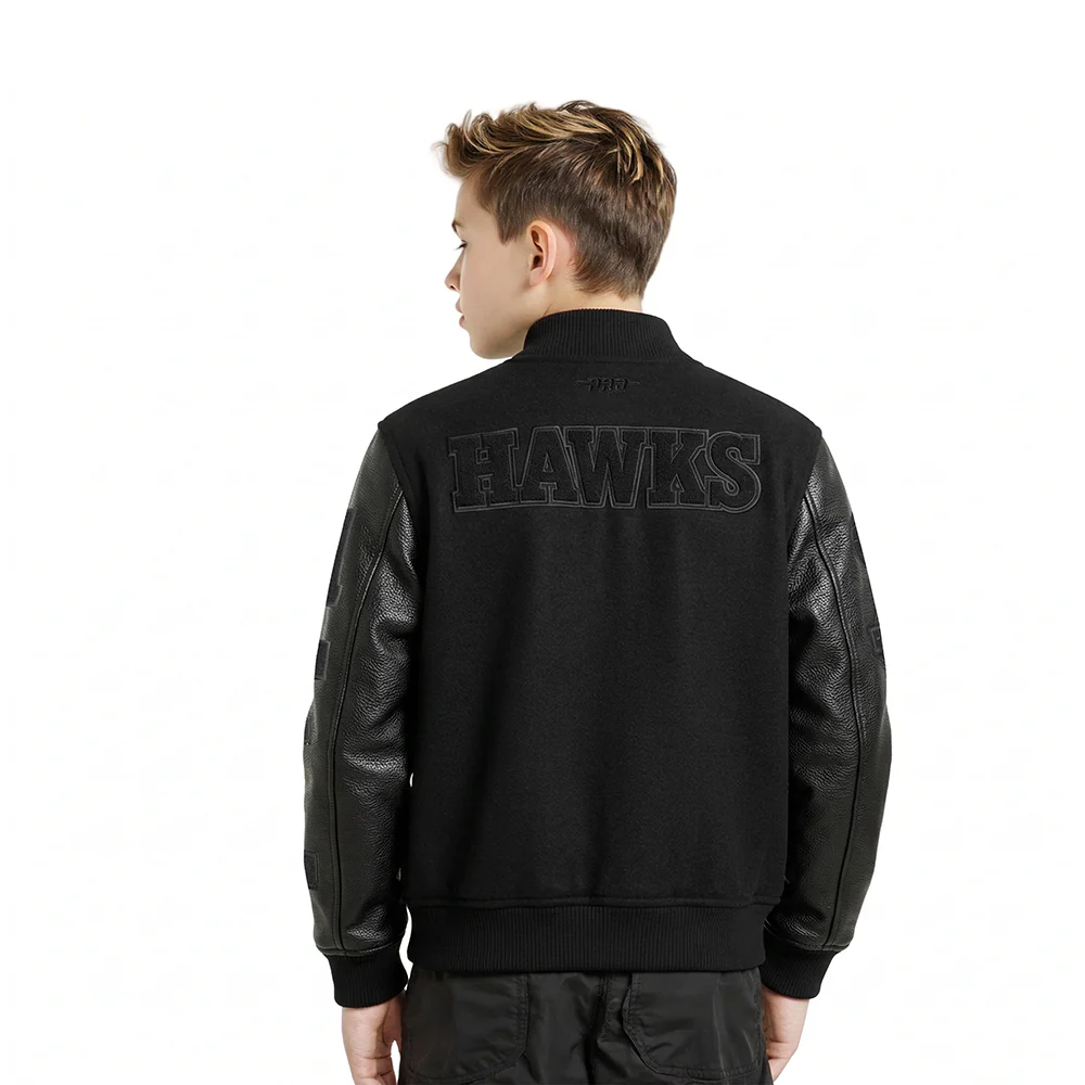 NBA ATLANTA HAWKS TRIPLE BLACK LITTLE BOYS WOOL VARSITY JACKET (JET BLACK) - Image 2