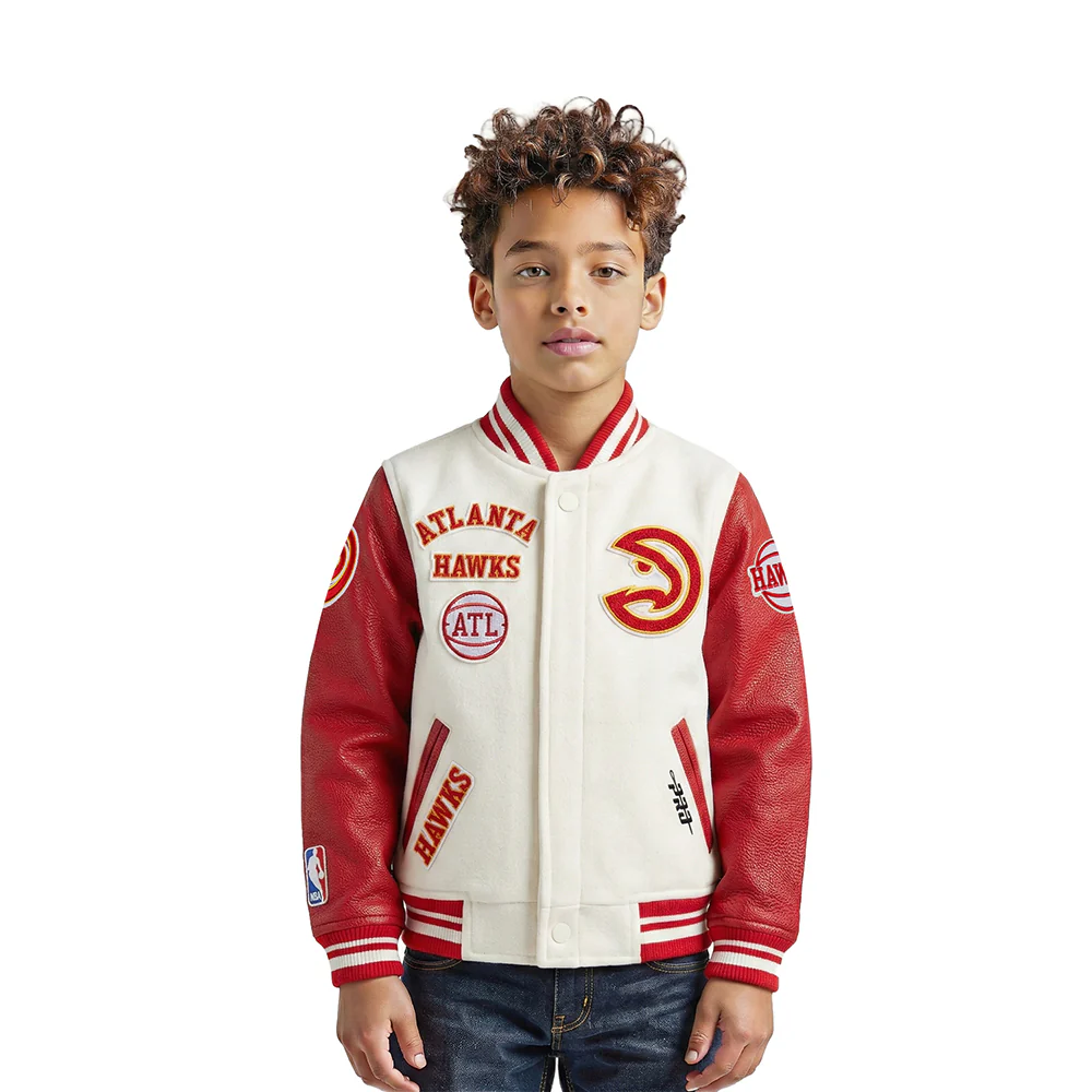 NBA ATLANTA HAWKS RETRO CLASSIC LITTLE BOYS RIB WOOL VARSITY JACKET (EGGSHELL/ RED)