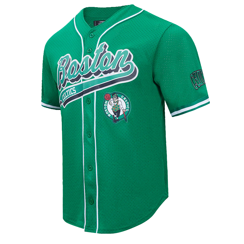 NBA BOSTON CELTICS SCRIPT TAIL MEN'S MESH BUTTON DOWN SHIRT (KELLY GREEN) - Image 2