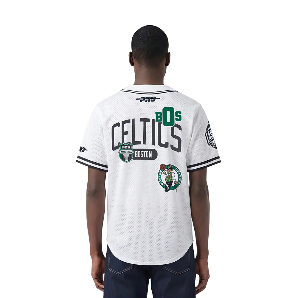NBA BOSTON CELTICS LETTERMAN MEN'S BUTTON DOWN MESH TOP (WHITE/BLACK/WHITE) - Image 2