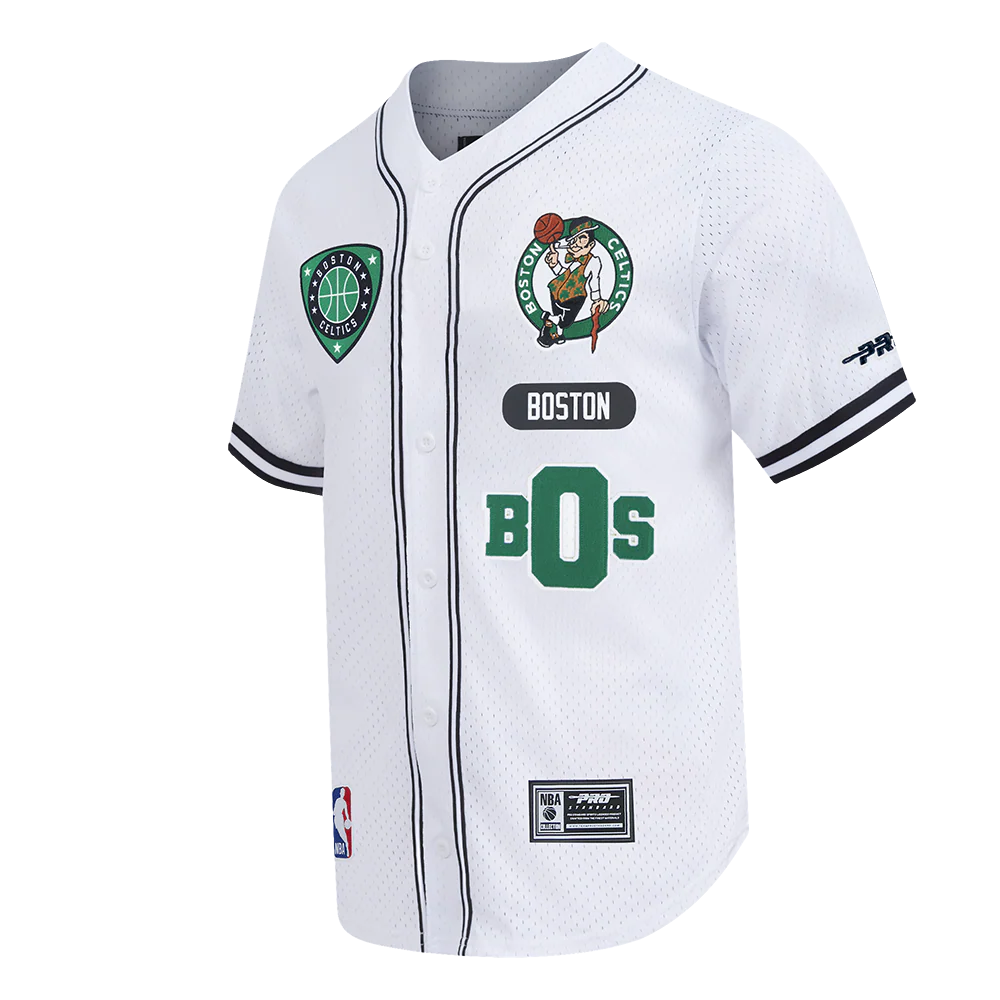 NBA BOSTON CELTICS LETTERMAN MEN'S BUTTON DOWN MESH TOP (WHITE/BLACK/WHITE) - Image 3