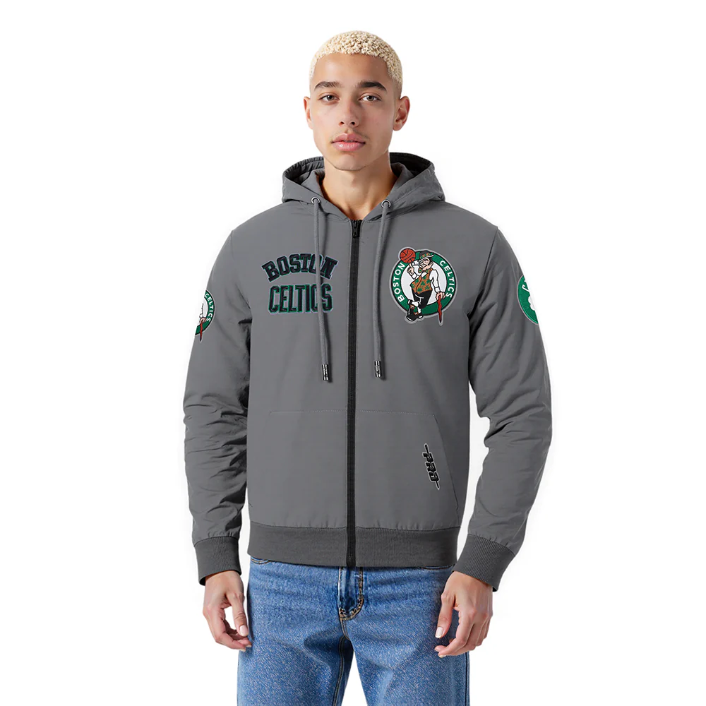 NBA BOSTON CELTICS CLASSIC WIND SUIT MEN'S WOVEN FULL ZIP PULLOVER HOODIE (GRAY)