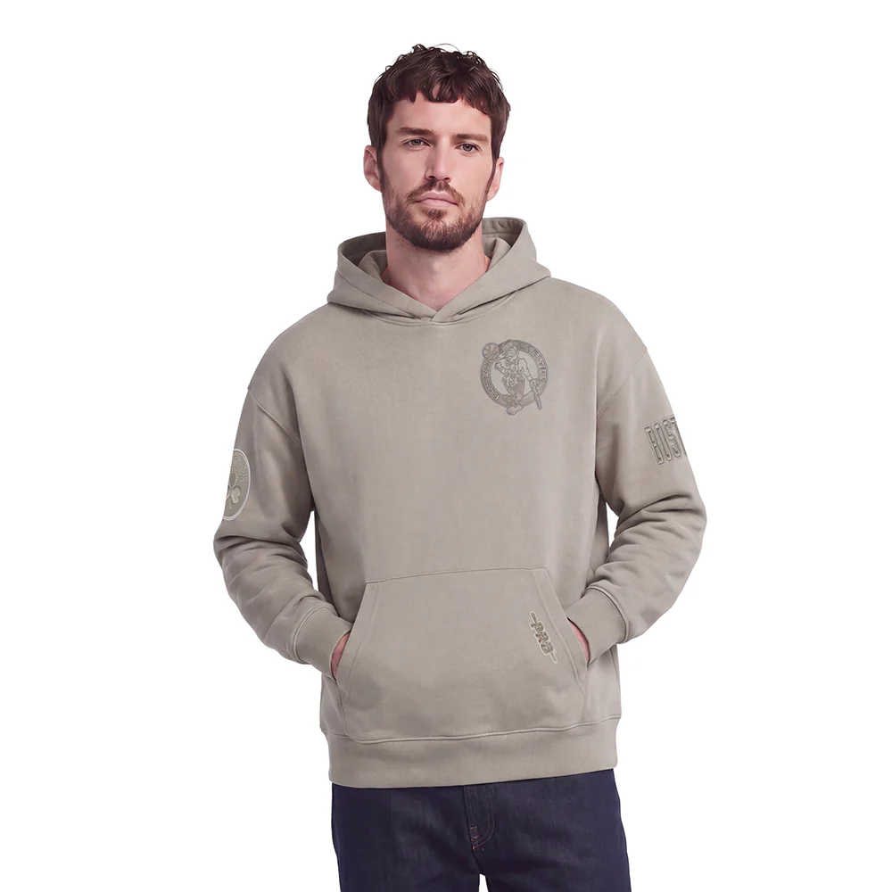 NBA BOSTON CELTICS NEUTRAL DROP SHOULDER FLEECE PULLOVER HOODIE (TAUPE)