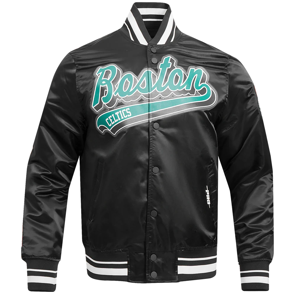 NBA BOSTON CELTICS SCRIPT TAIL MEN'S SATIN JACKET (BLACK)