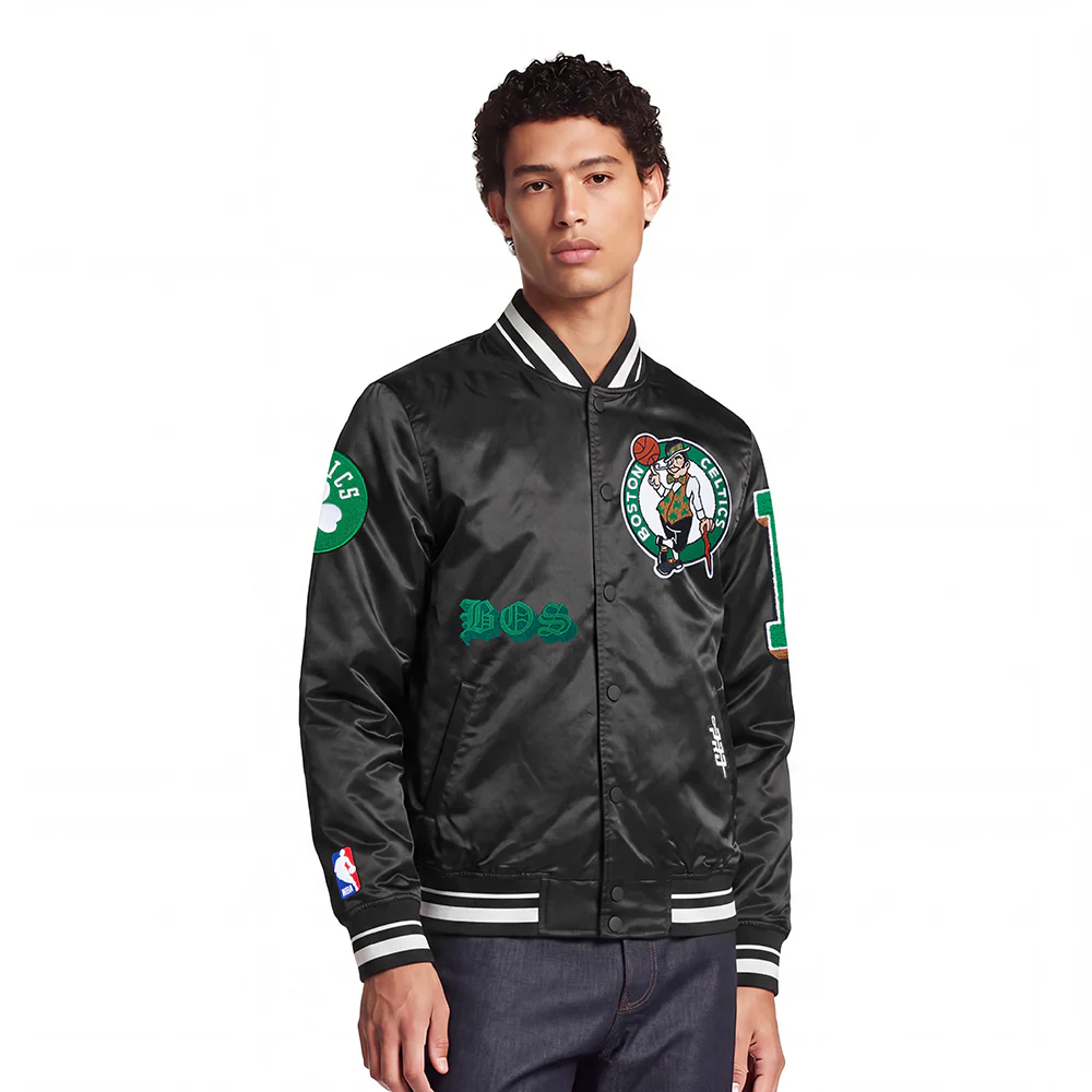 NBA BOSTON CELTICS OLD ENGLISH MEN'S RIB SATIN JACKET (BLACK)