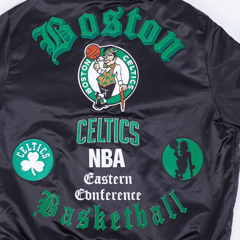 NBA BOSTON CELTICS OLD ENGLISH MEN'S RIB SATIN JACKET (BLACK) - Image 14