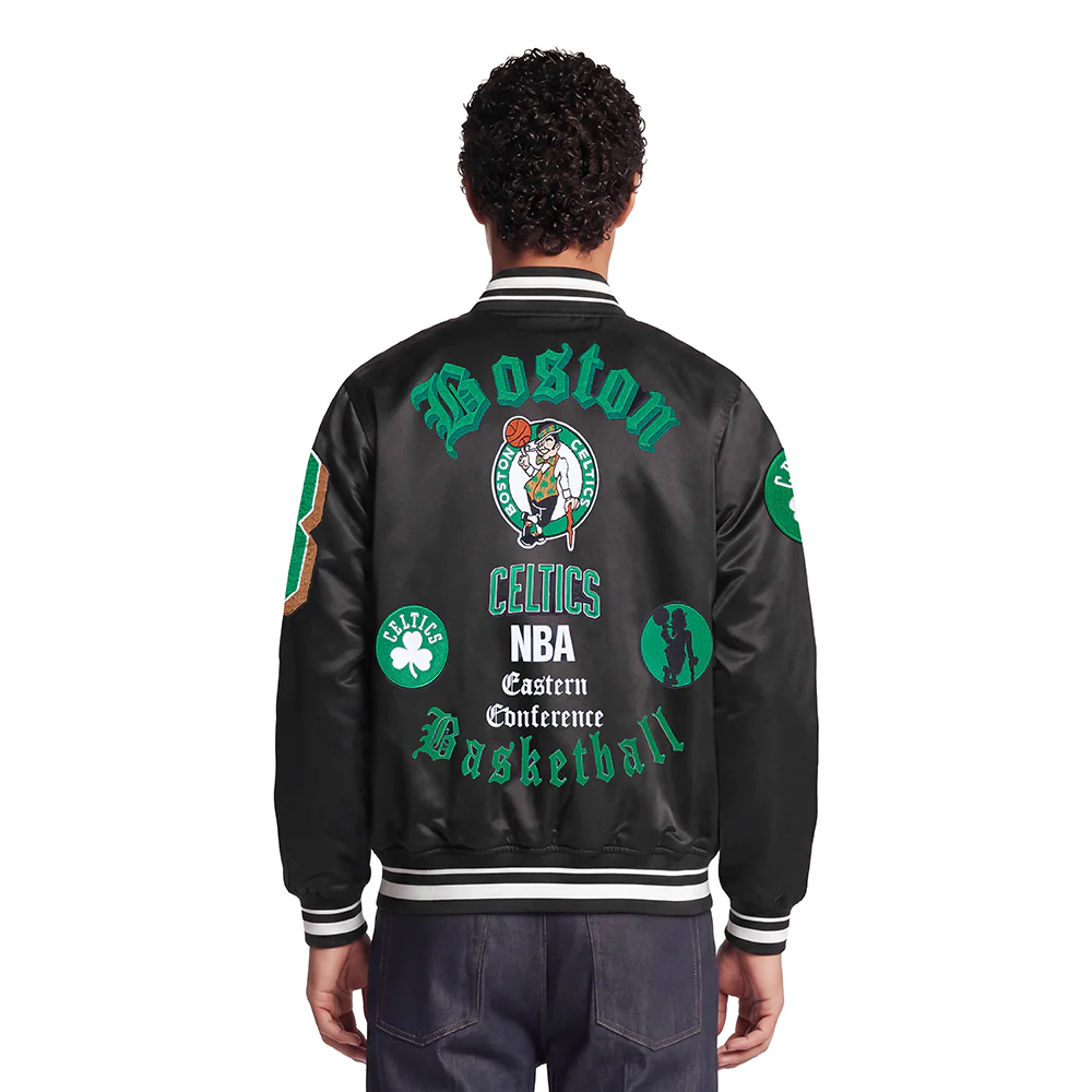 NBA BOSTON CELTICS OLD ENGLISH MEN'S RIB SATIN JACKET (BLACK) - Image 2