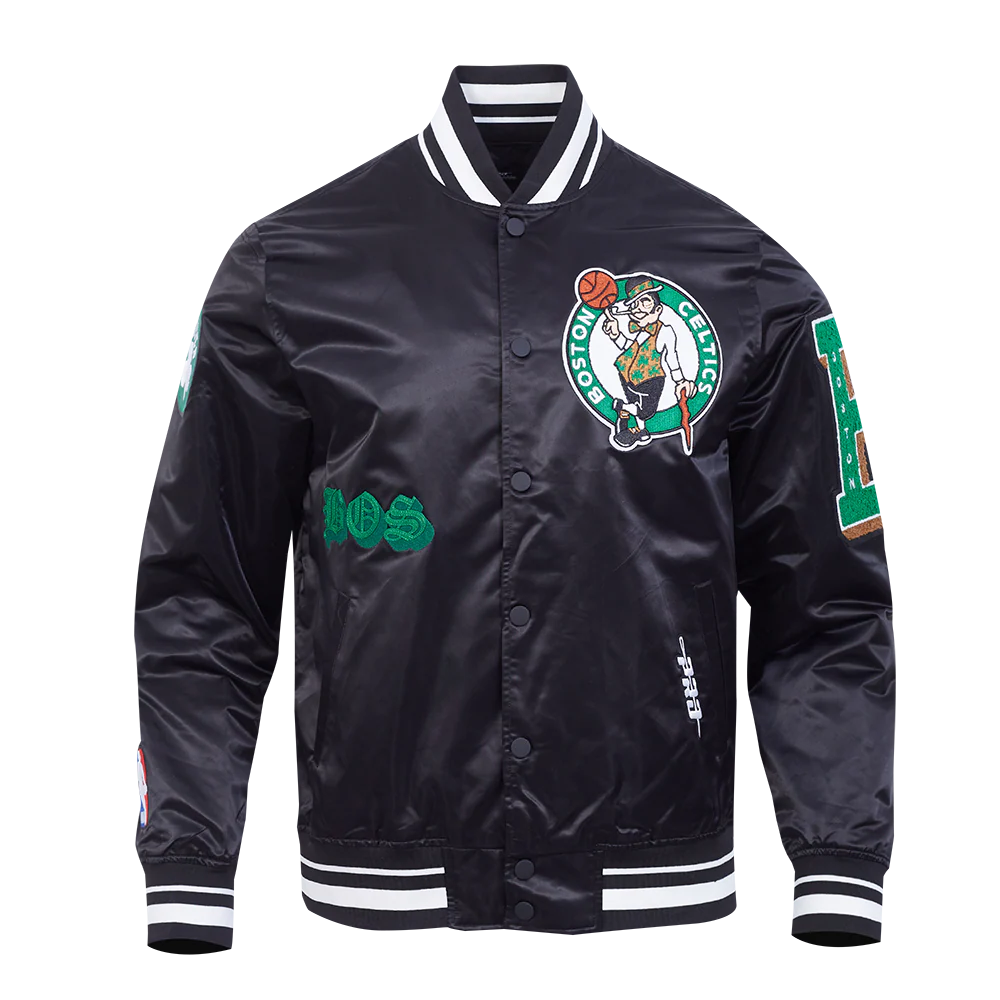 NBA BOSTON CELTICS OLD ENGLISH MEN'S RIB SATIN JACKET (BLACK) - Image 3