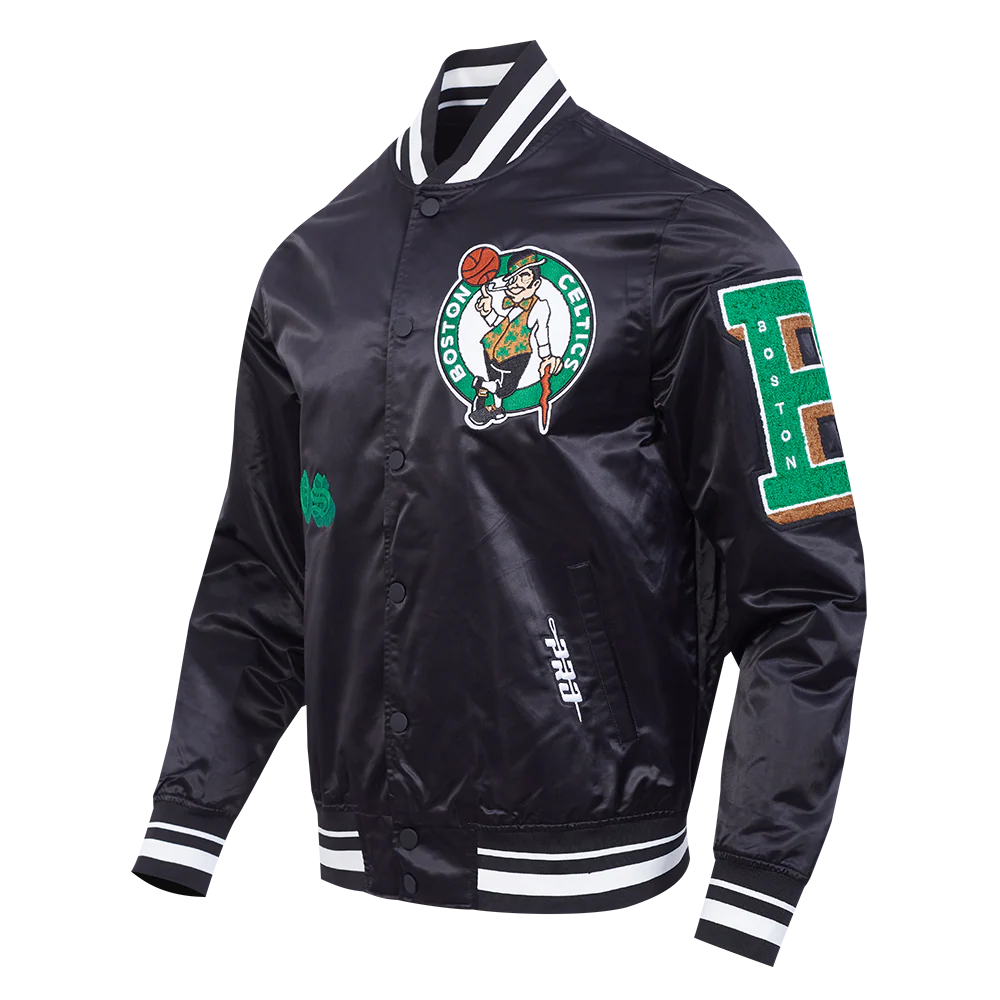 NBA BOSTON CELTICS OLD ENGLISH MEN'S RIB SATIN JACKET (BLACK) - Image 4