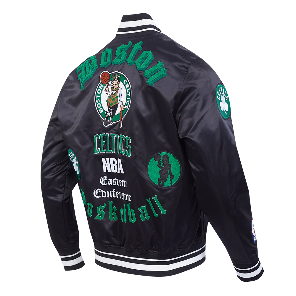 NBA BOSTON CELTICS OLD ENGLISH MEN'S RIB SATIN JACKET (BLACK) - Image 6