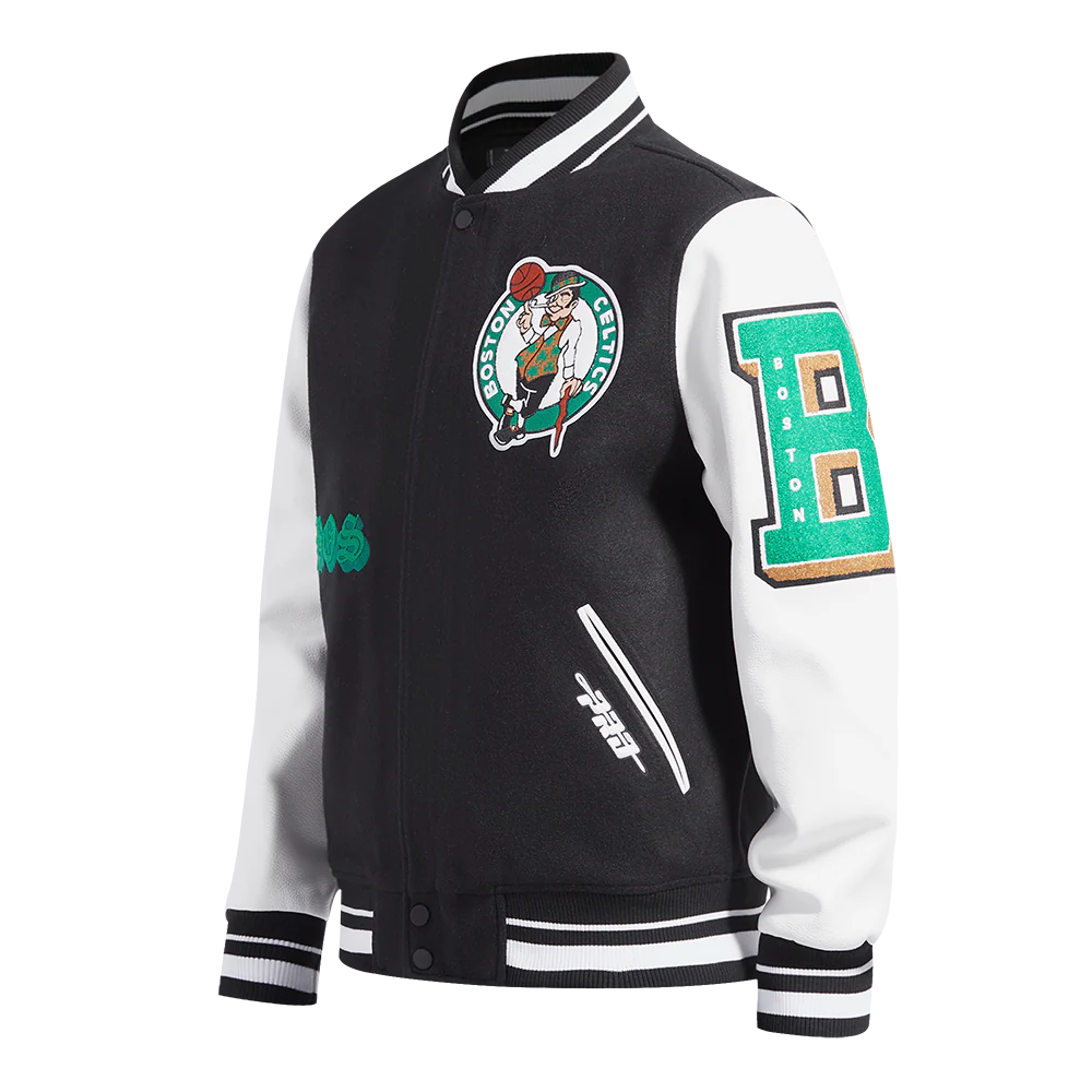 NBA BOSTON CELTICS OLD ENGLISH MEN'S RIB WOOL VARSITY JACKET (BLACK/WHITE) - Image 2