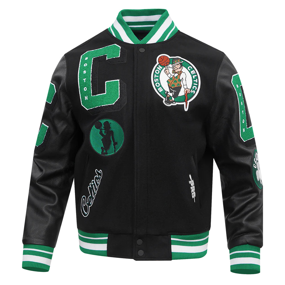 NBA BOSTON CELTICS MASHUP MEN'S RIB WOOL VARSITY JACKET (BLACK/GREEN)