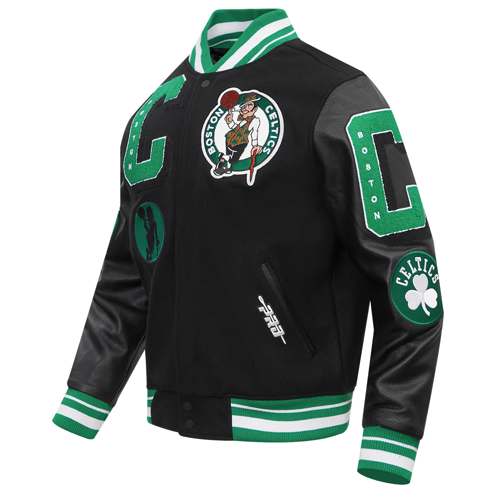 NBA BOSTON CELTICS MASHUP MEN'S RIB WOOL VARSITY JACKET (BLACK/GREEN) - Image 2