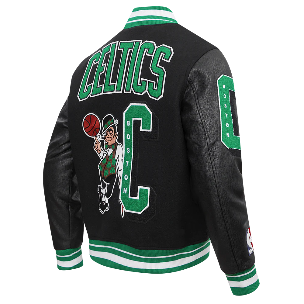 NBA BOSTON CELTICS MASHUP MEN'S RIB WOOL VARSITY JACKET (BLACK/GREEN) - Image 4