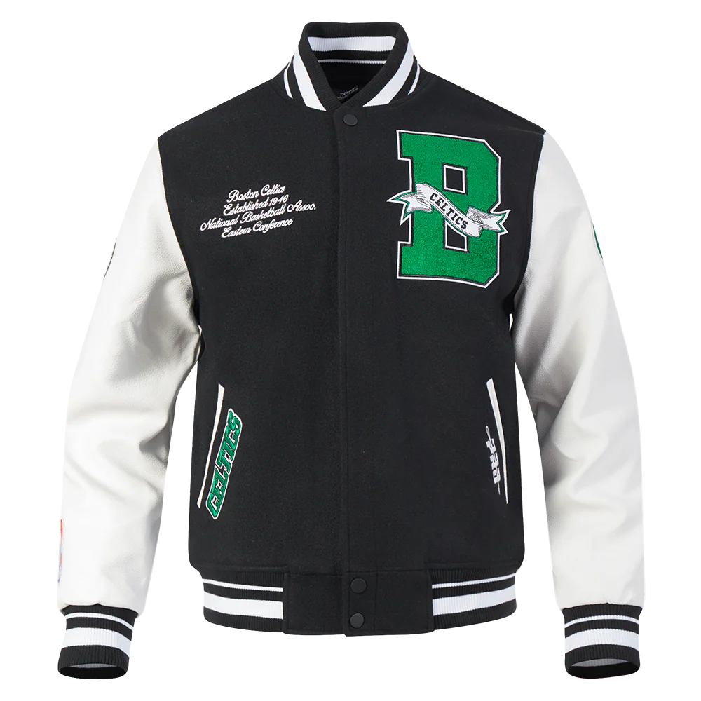 NBA BOSTON CELTICS TEAM PENNANTS MEN'S RIB WOOL VARSITY JACKET (BLACK/WHITE)
