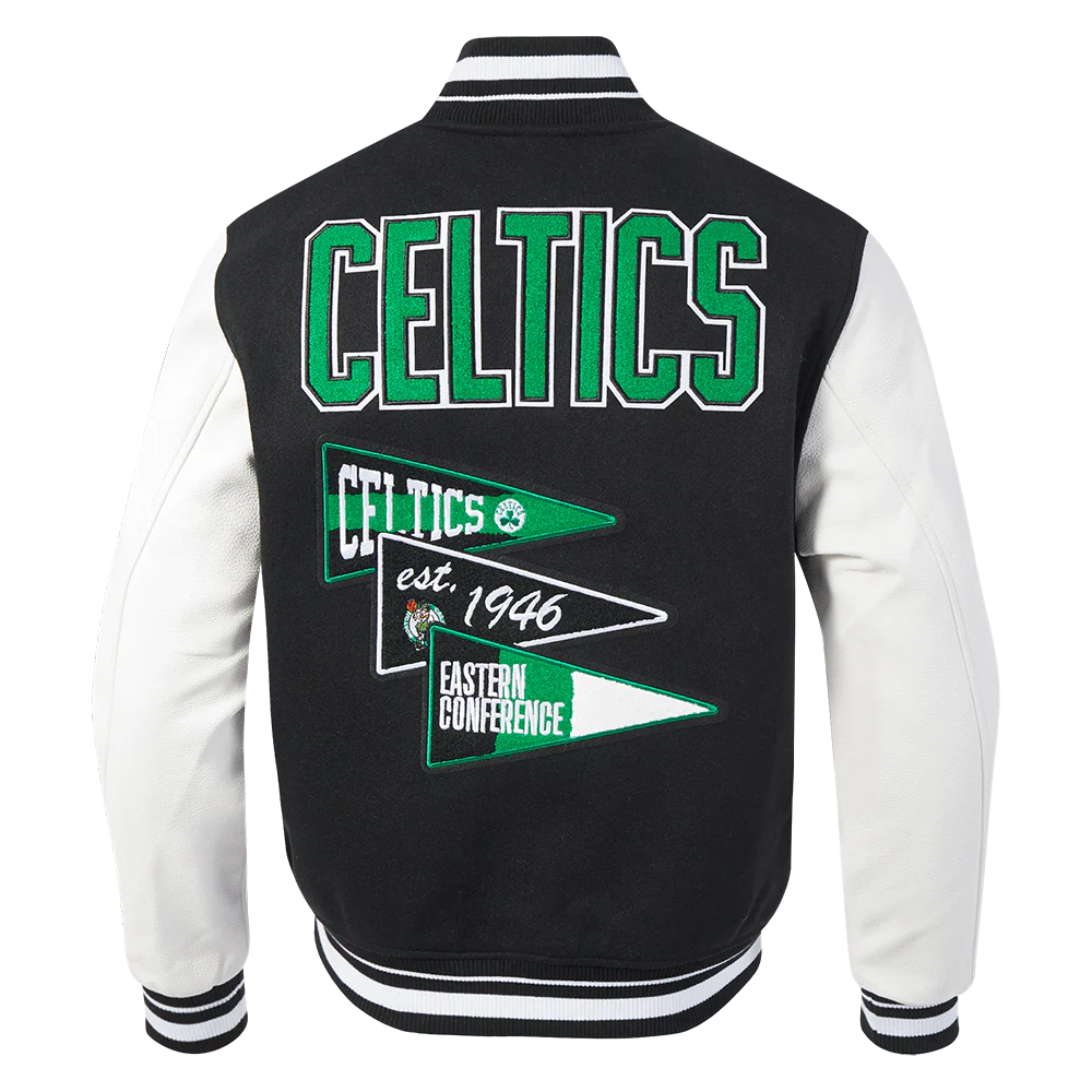 NBA BOSTON CELTICS TEAM PENNANTS MEN'S RIB WOOL VARSITY JACKET (BLACK/WHITE) - Image 3