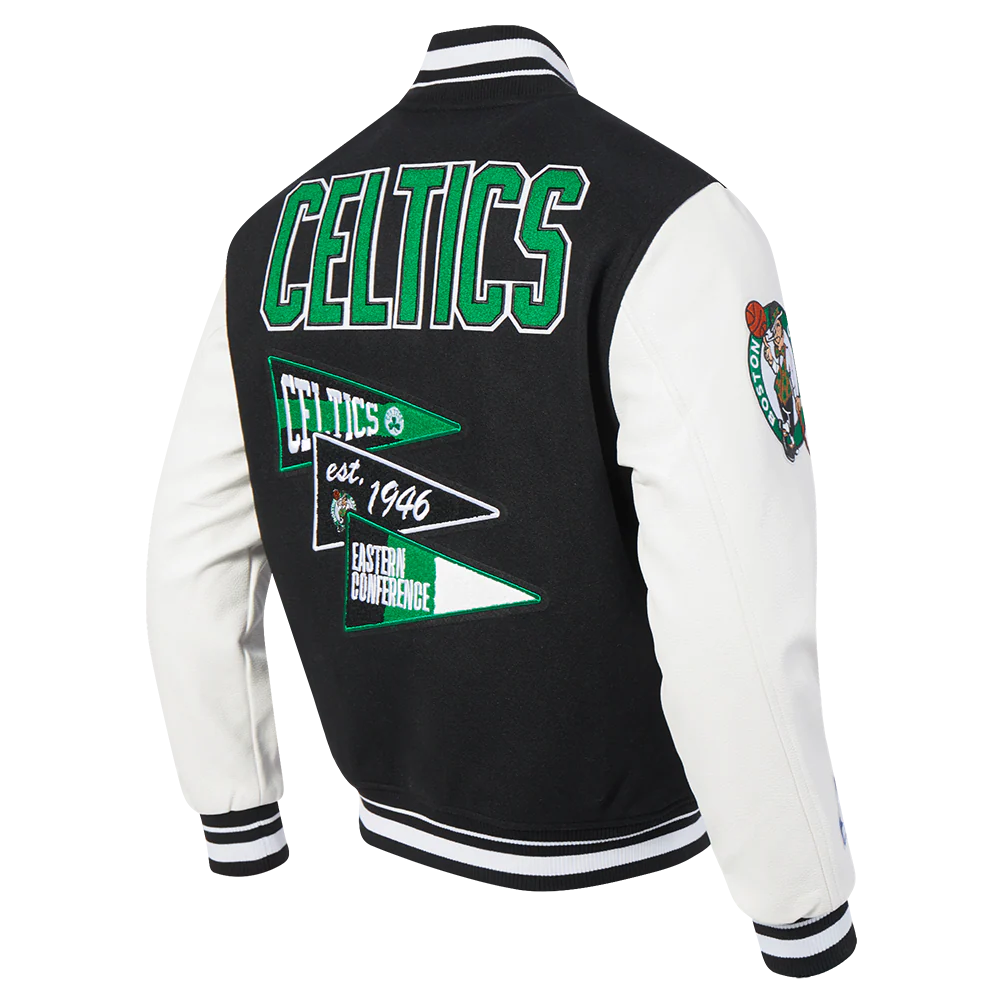 NBA BOSTON CELTICS TEAM PENNANTS MEN'S RIB WOOL VARSITY JACKET (BLACK/WHITE) - Image 4