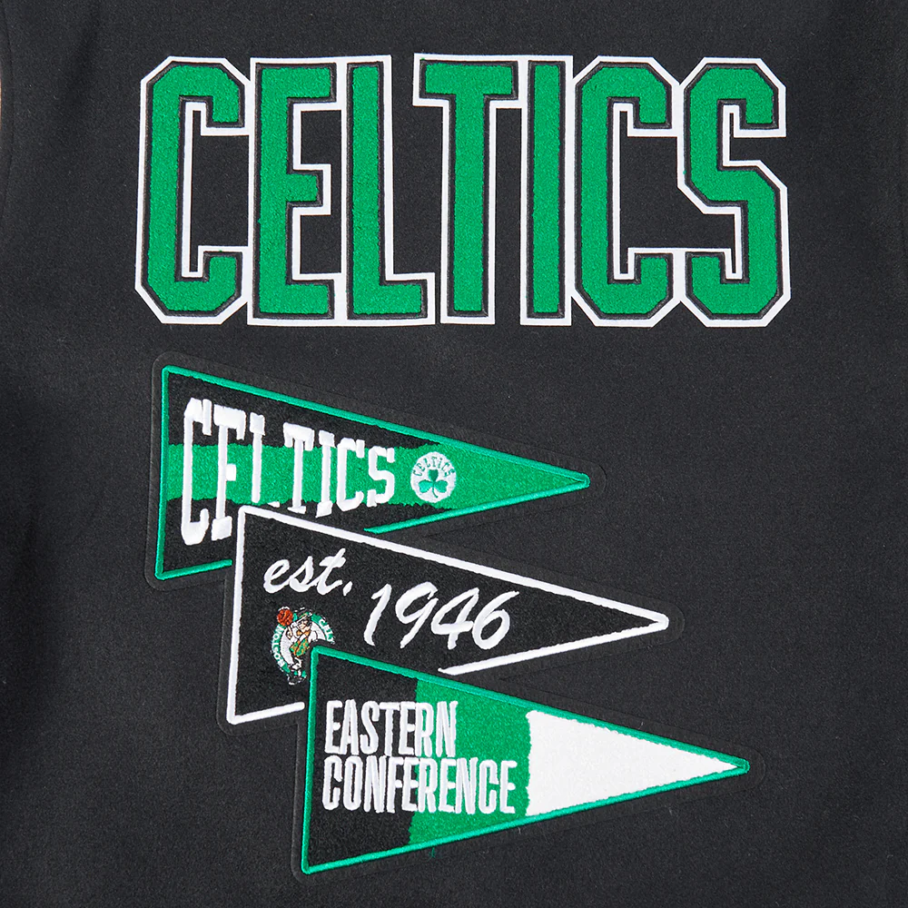 NBA BOSTON CELTICS TEAM PENNANTS MEN'S RIB WOOL VARSITY JACKET (BLACK/WHITE) - Image 5