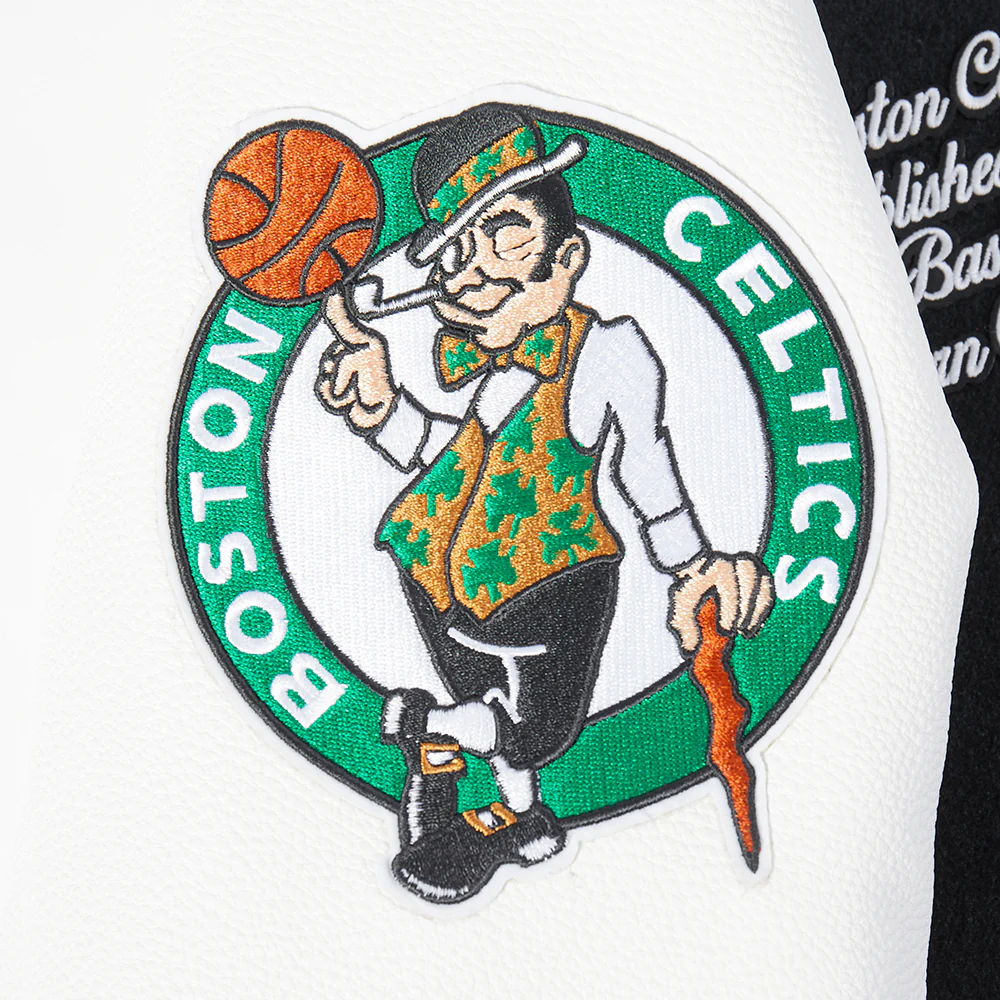 NBA BOSTON CELTICS TEAM PENNANTS MEN'S RIB WOOL VARSITY JACKET (BLACK/WHITE) - Image 7