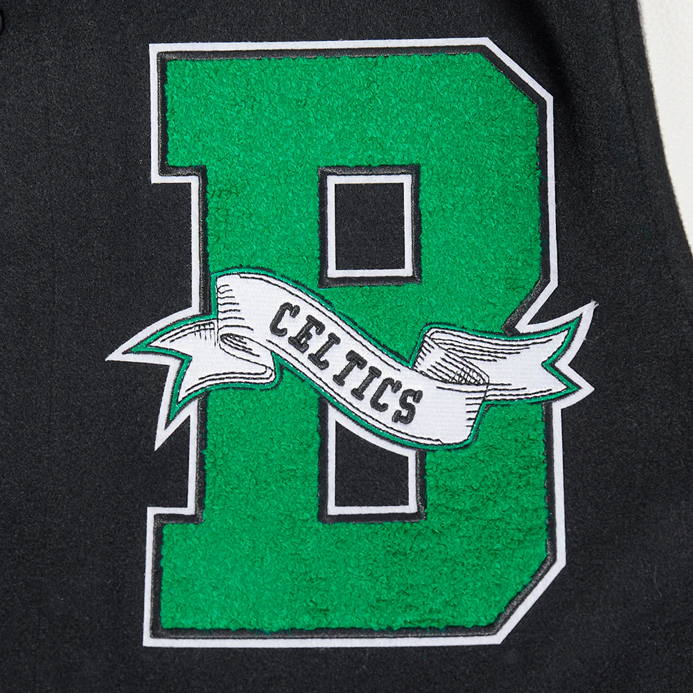 NBA BOSTON CELTICS TEAM PENNANTS MEN'S RIB WOOL VARSITY JACKET (BLACK/WHITE) - Image 8