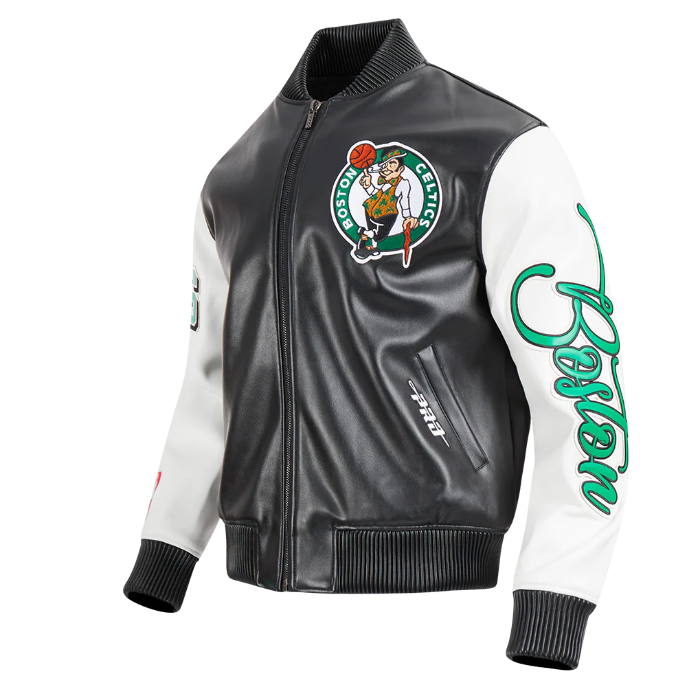 NBA BOSTON CELTICS CITY SIGNATURE MEN'S LEATHER VARSITY JACKET (BLACK/WHITE) - Image 2