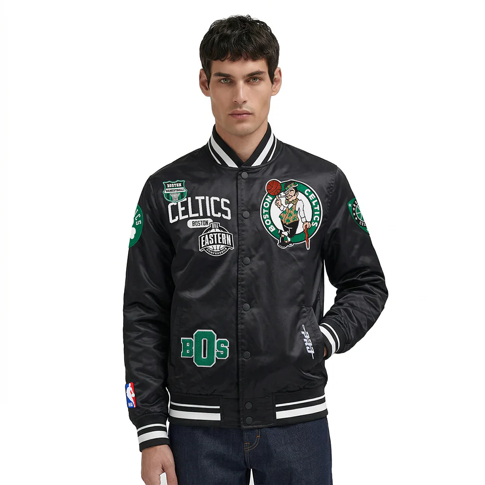 NBA BOSTON CELTICS LETTERMAN MEN'S SATIN JACKET (BLACK)