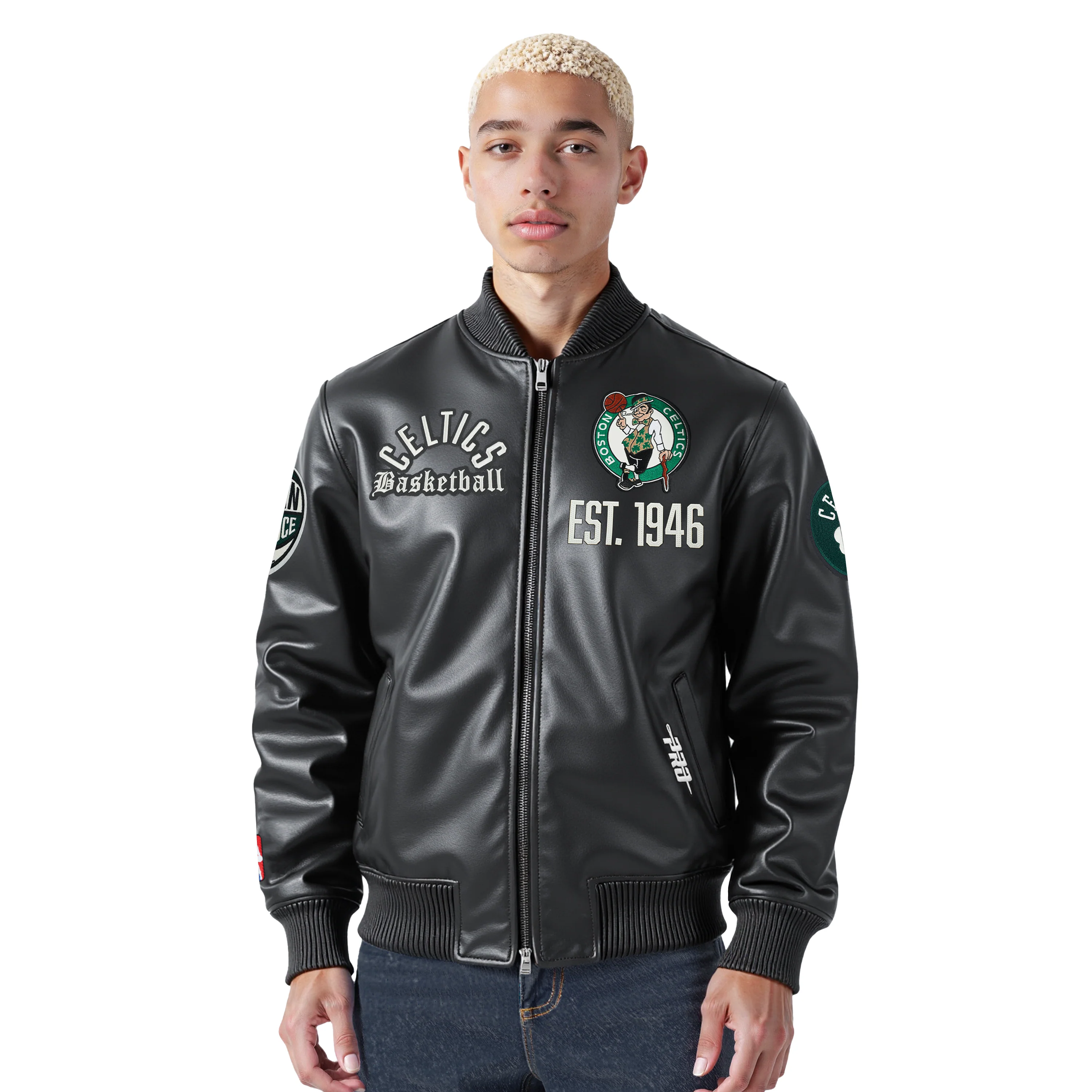 NBA BOSTON CELTICS MODERN ORIGINALS MEN'S LEATHER VARSITY JACKET (JET BLACK)