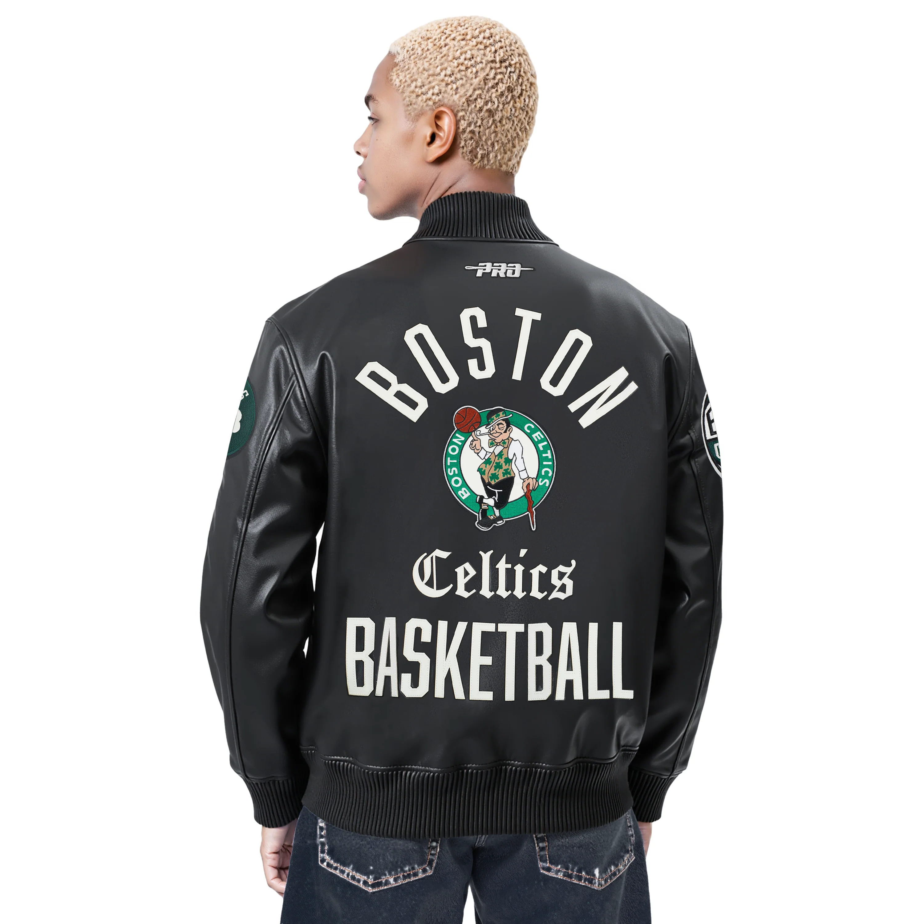 NBA BOSTON CELTICS MODERN ORIGINALS MEN'S LEATHER VARSITY JACKET (JET BLACK) - Image 2