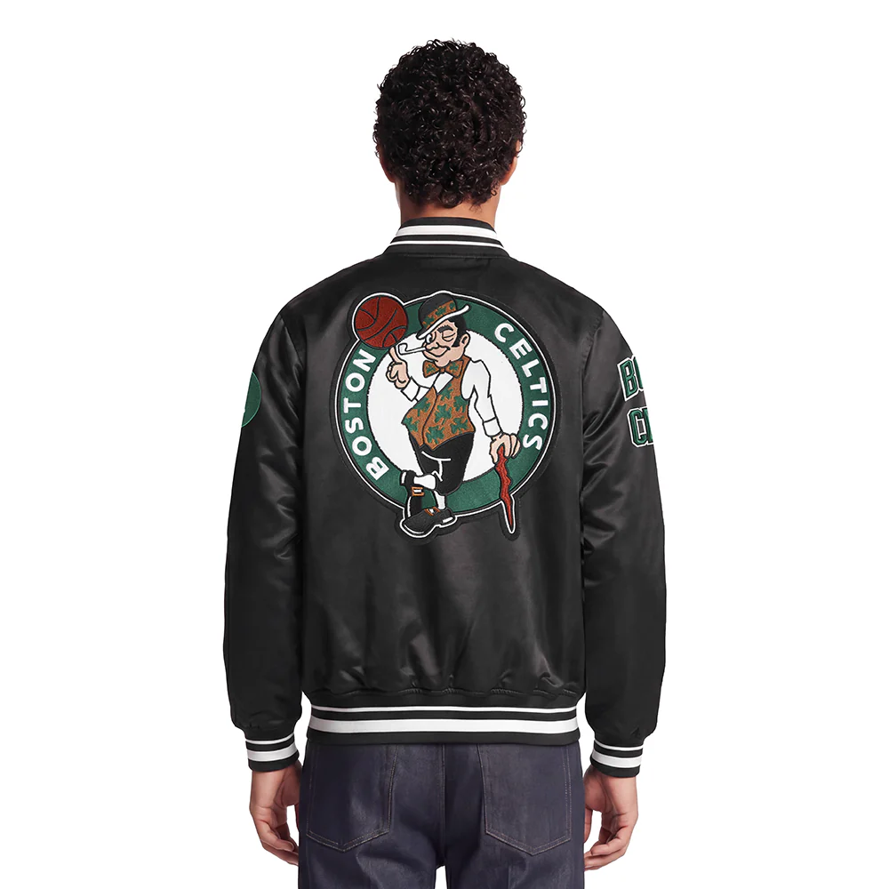 NBA BOSTON CELTICS RETRO CLASSIC MEN'S RIB SATIN JACKET (BLACK) - Image 2