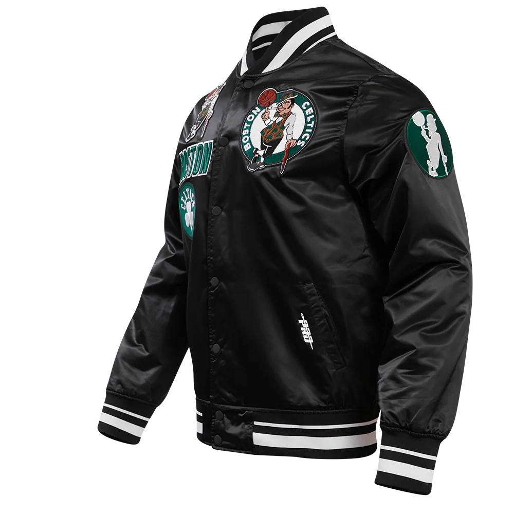 NBA BOSTON CELTICS RETRO CLASSIC MEN'S RIB SATIN JACKET (BLACK) - Image 4