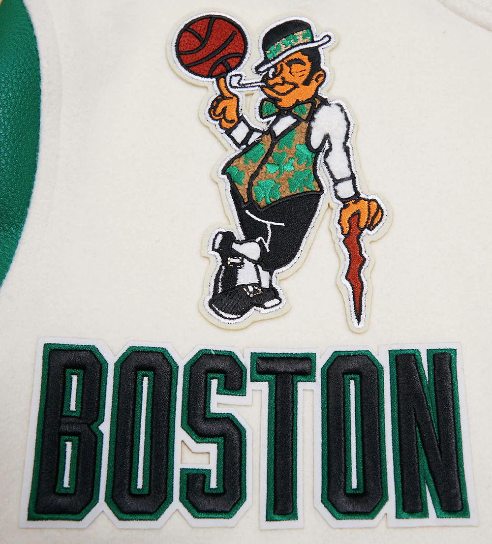 NBA BOSTON CELTICS RETRO CLASSIC MEN'S RIB WOOL VARSITY JACKET (EGGSHELL/KELLY GREEN) - Image 5