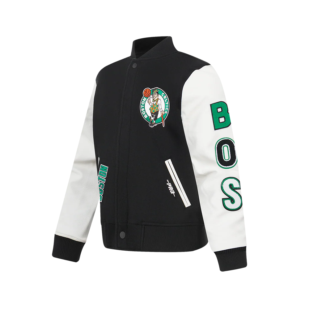 NBA BOSTON CELTICS CLASSIC BIG BOYS WOOL VARSITY JACKET (BLACK/WHITE) - Image 2